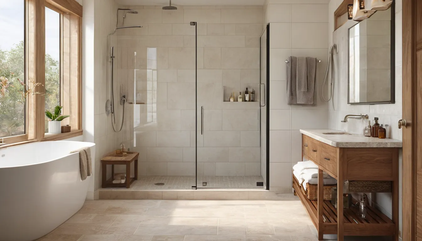 Bright walk-in shower with a bench and grab bar in a Plano home